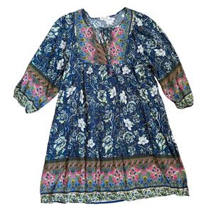Anna-Kaci Blue Floral Paisley Boho Babydoll Mini Dress 3/4 Sleeve Tie Neck